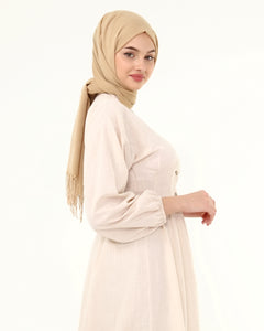 Beige Collar Balloon Sleeves Buttoned Hijab Dress