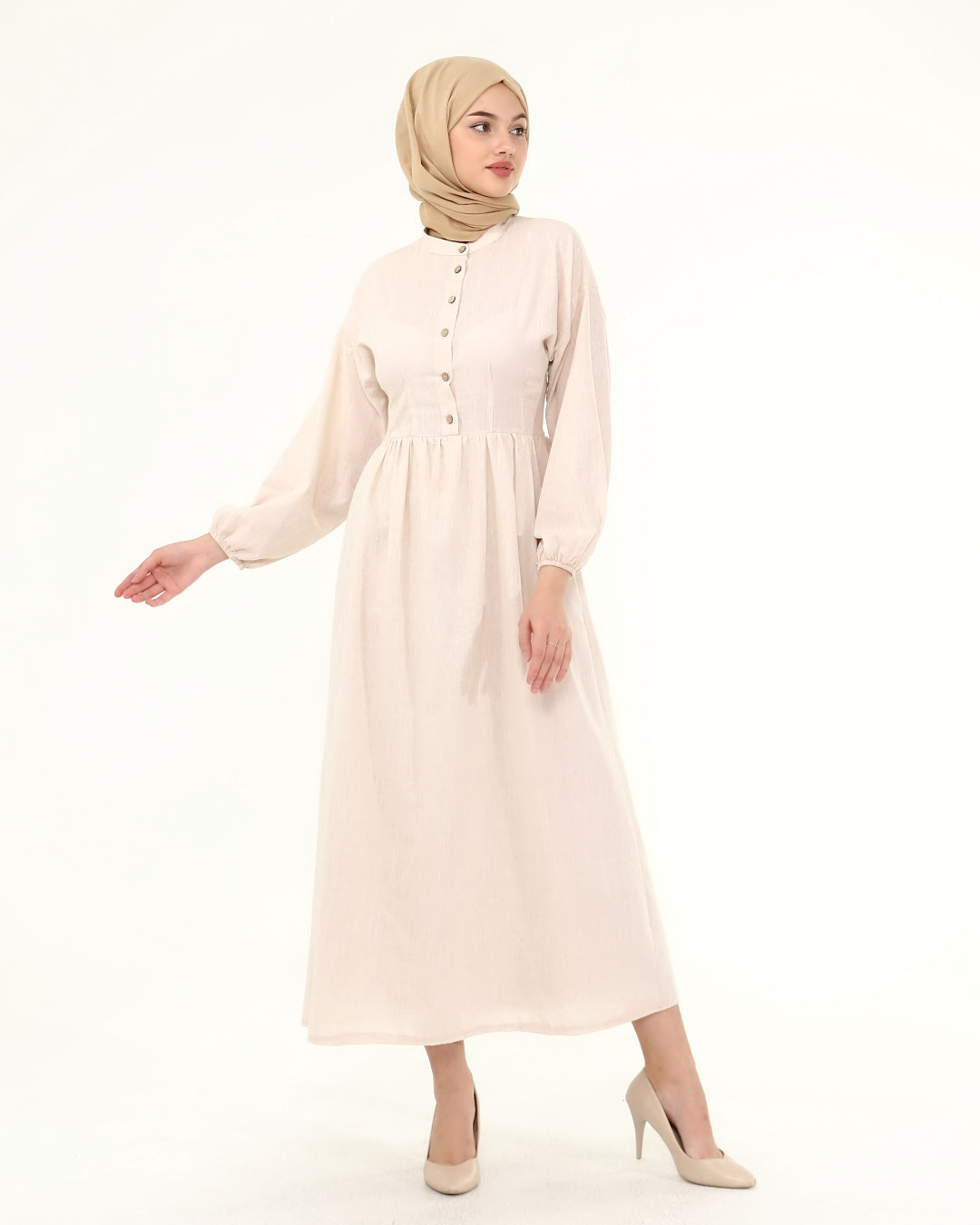 Beige Collar Balloon Sleeves Buttoned Hijab Dress