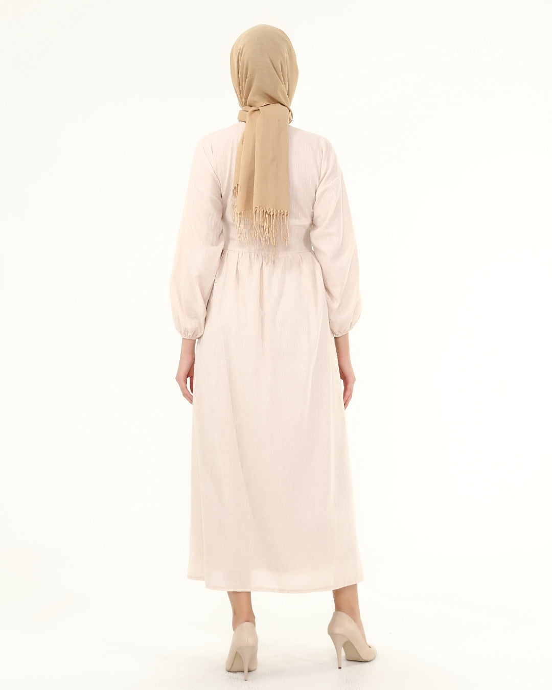 Beige Collar Balloon Sleeves Buttoned Hijab Dress