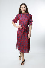 Load image into Gallery viewer, Claret Red Digital Printed Floral Pattern Dress
