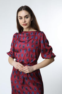 Claret Red Digital Printed Floral Pattern Dress