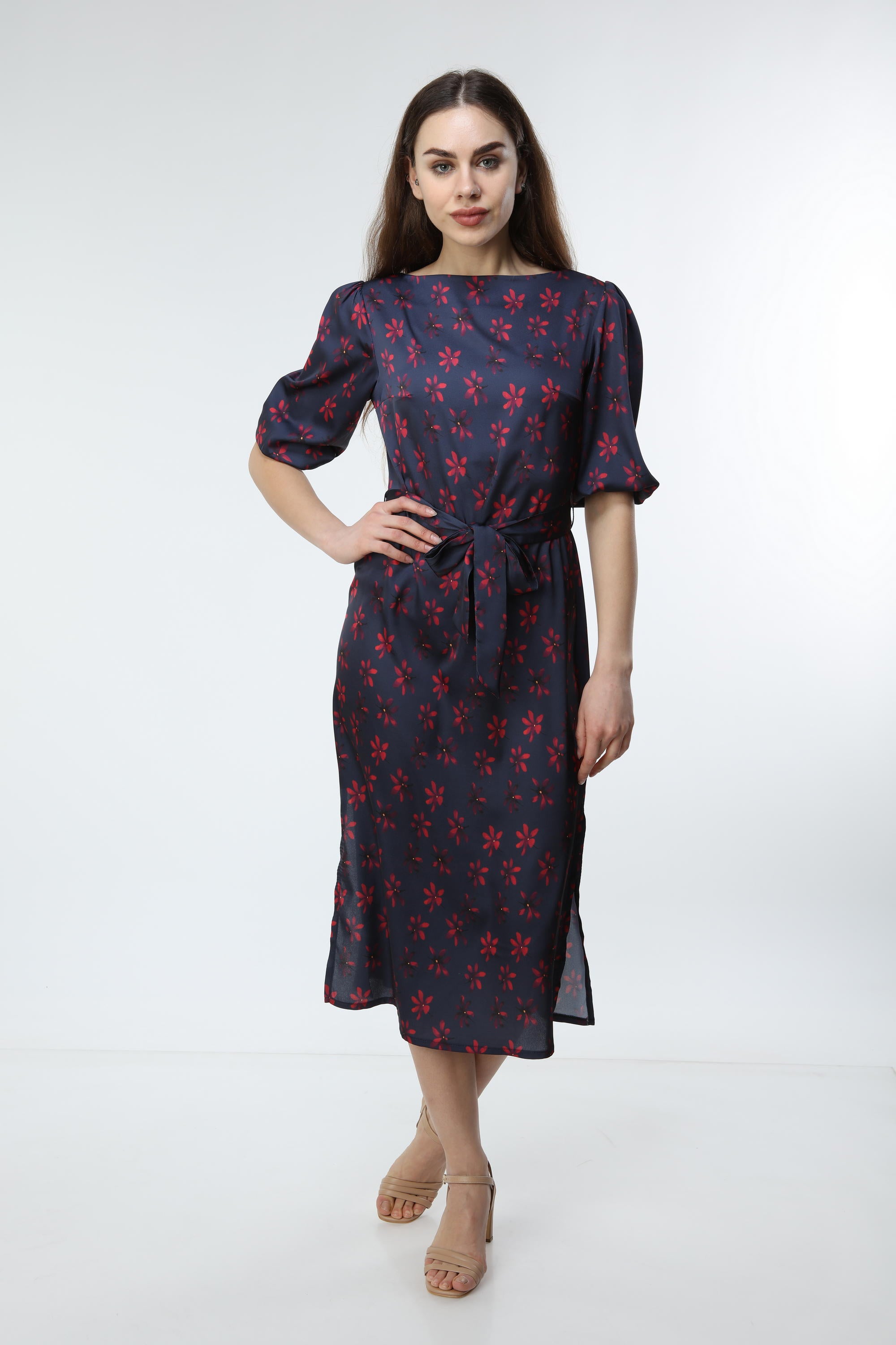 Navy Blue Digital Printed Floral Patterned Dress