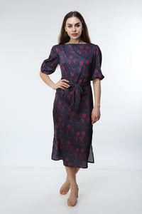 Navy Blue Digital Printed Floral Patterned Dress