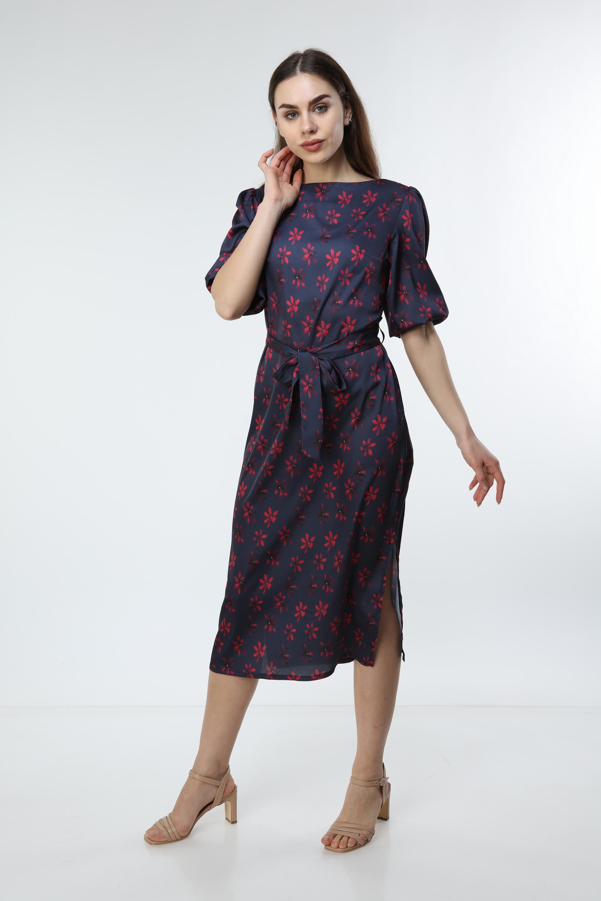 Navy Blue Digital Printed Floral Patterned Dress