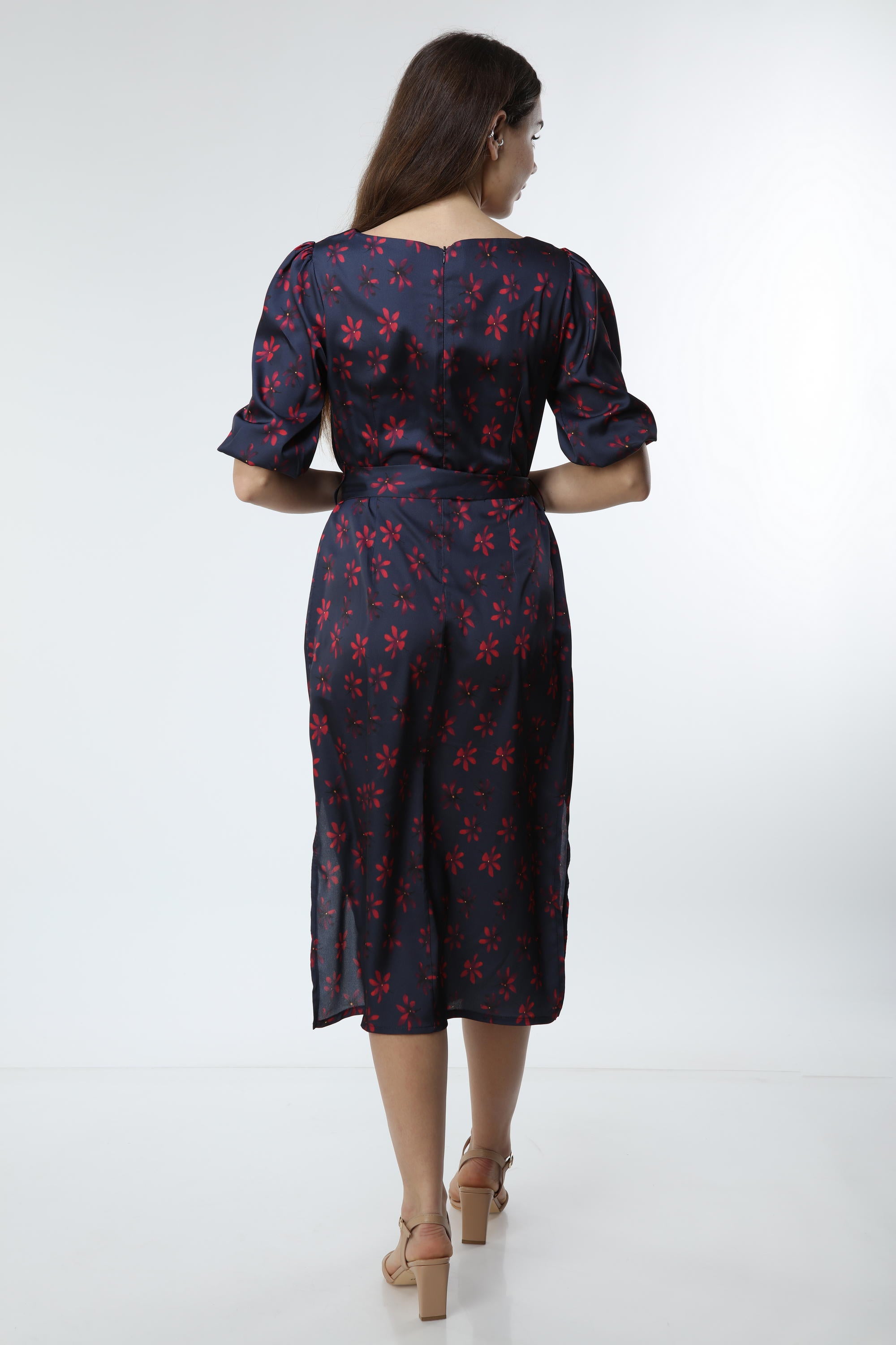 Navy Blue Digital Printed Floral Patterned Dress