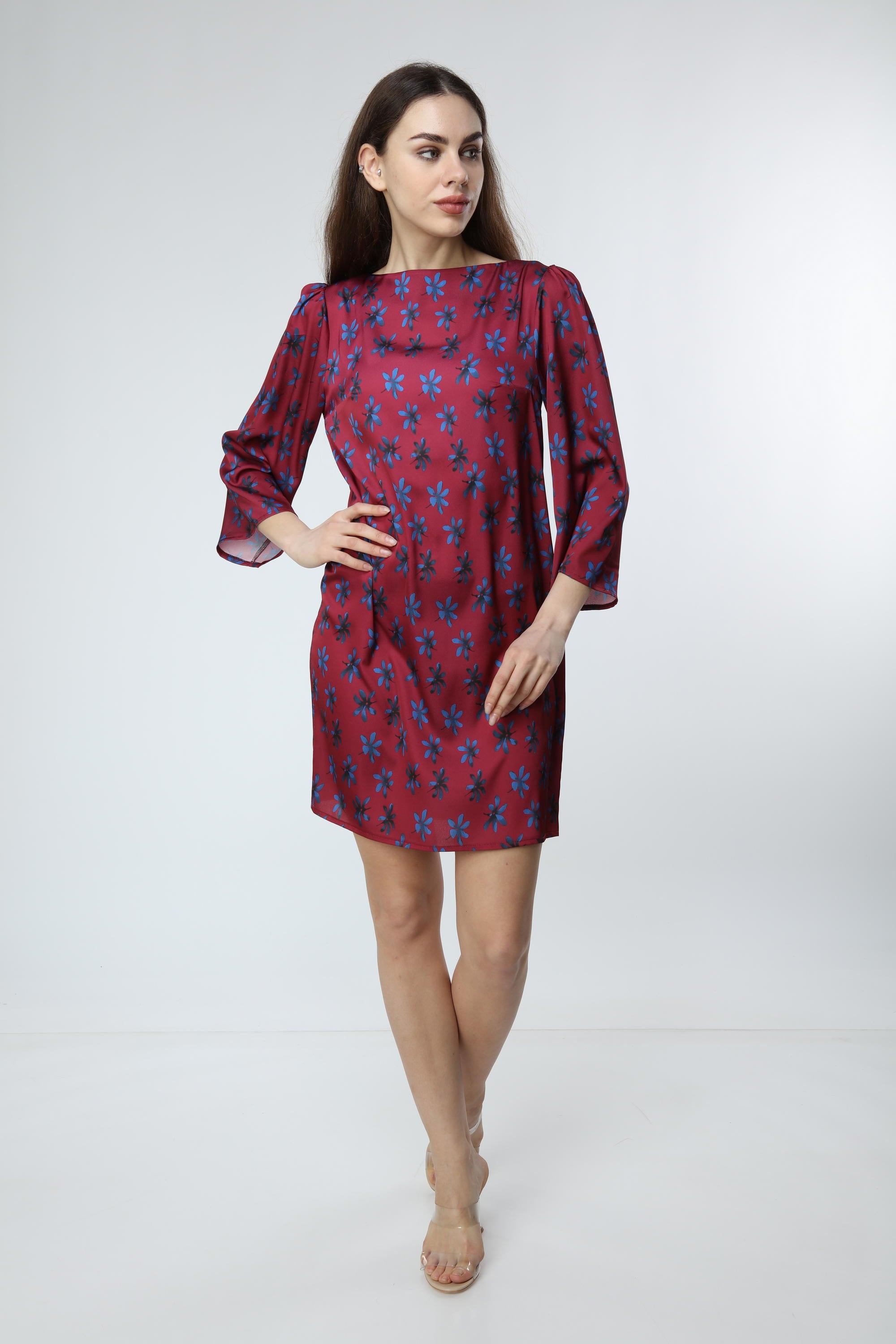 Claret Red Digital Printed Floral Patterned Dress