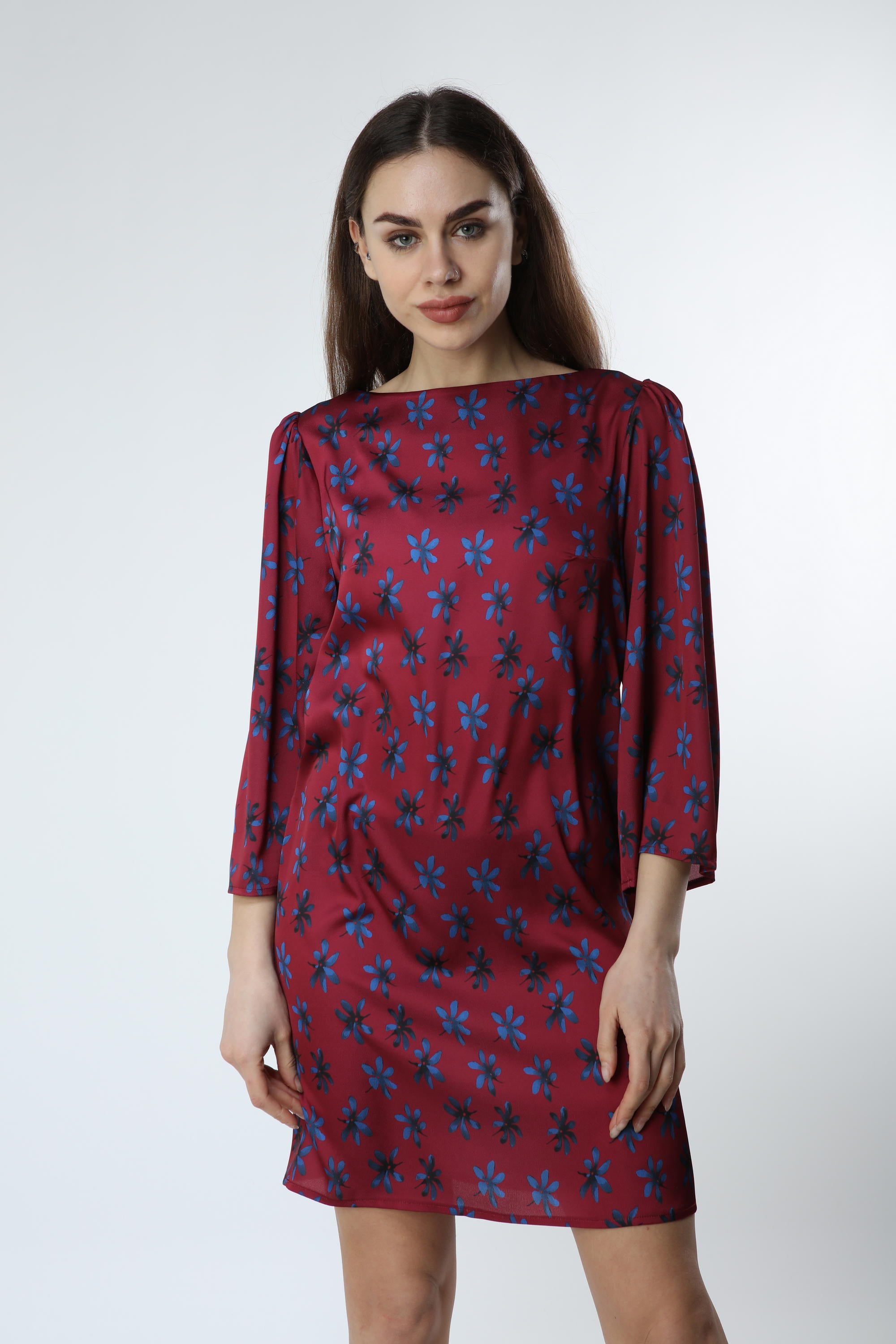 Claret Red Digital Printed Floral Patterned Dress