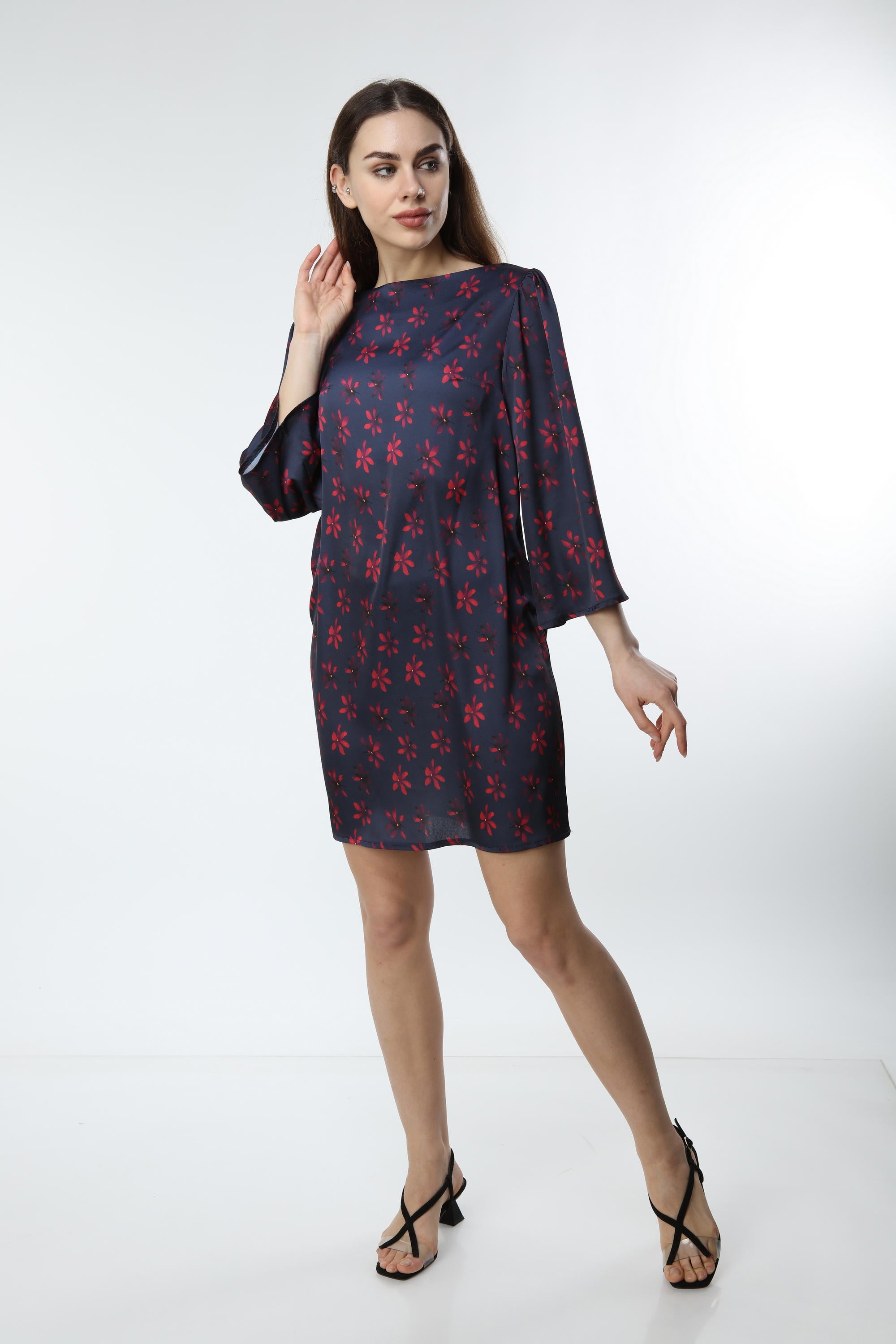 Navy Blue Digital Printed Floral Patterned Dress