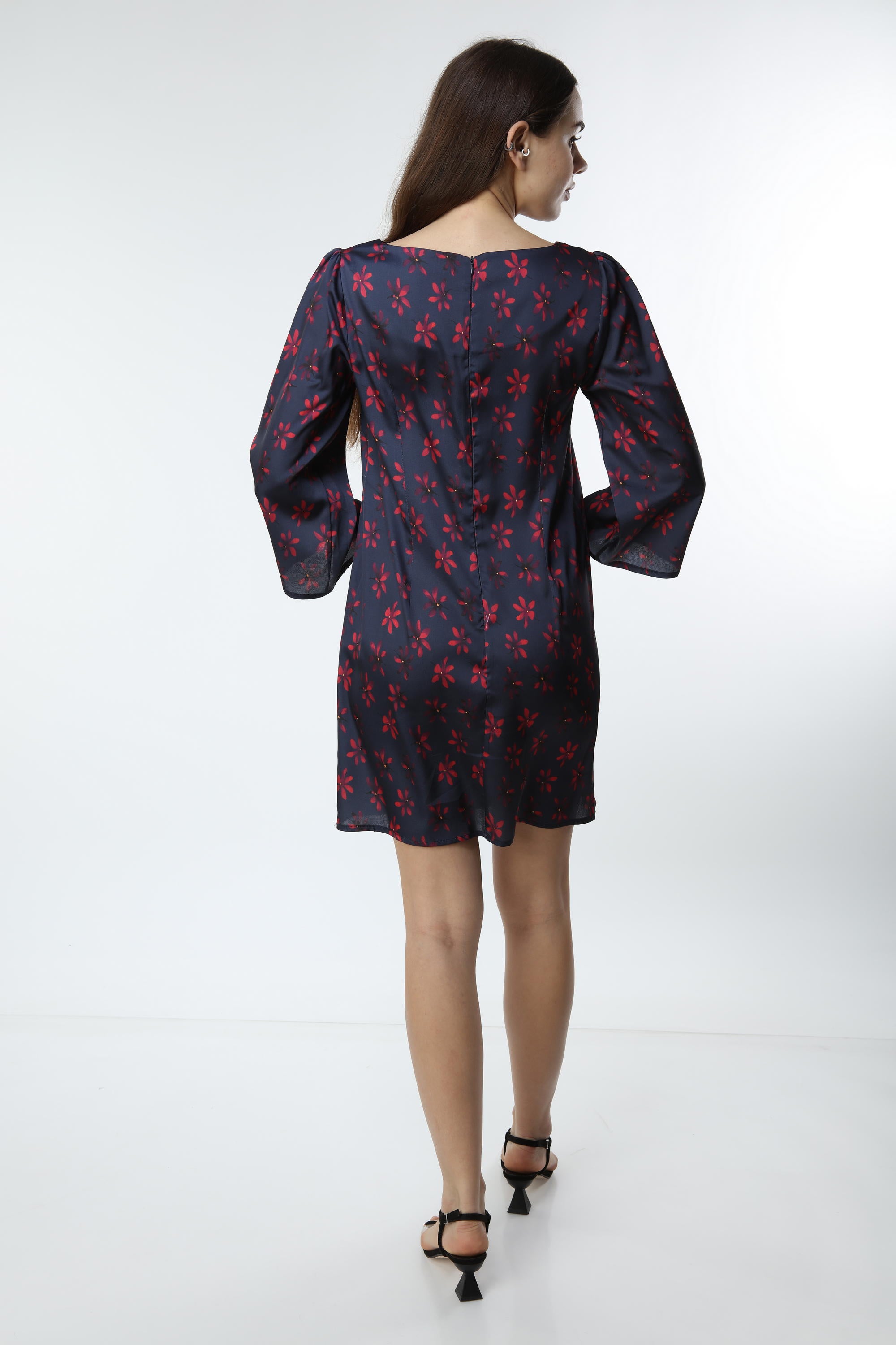 Navy Blue Digital Printed Floral Patterned Dress